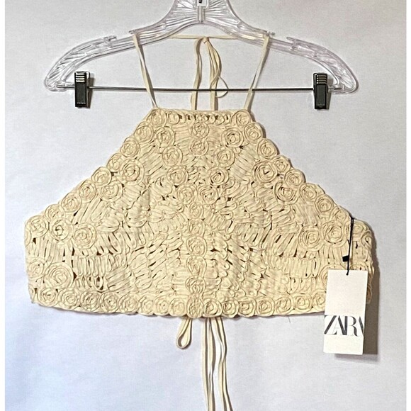 Zara Halter Top Women Size Medium Cream Floral Crochet 100% Cotton Ties NWT - Picture 3 of 15